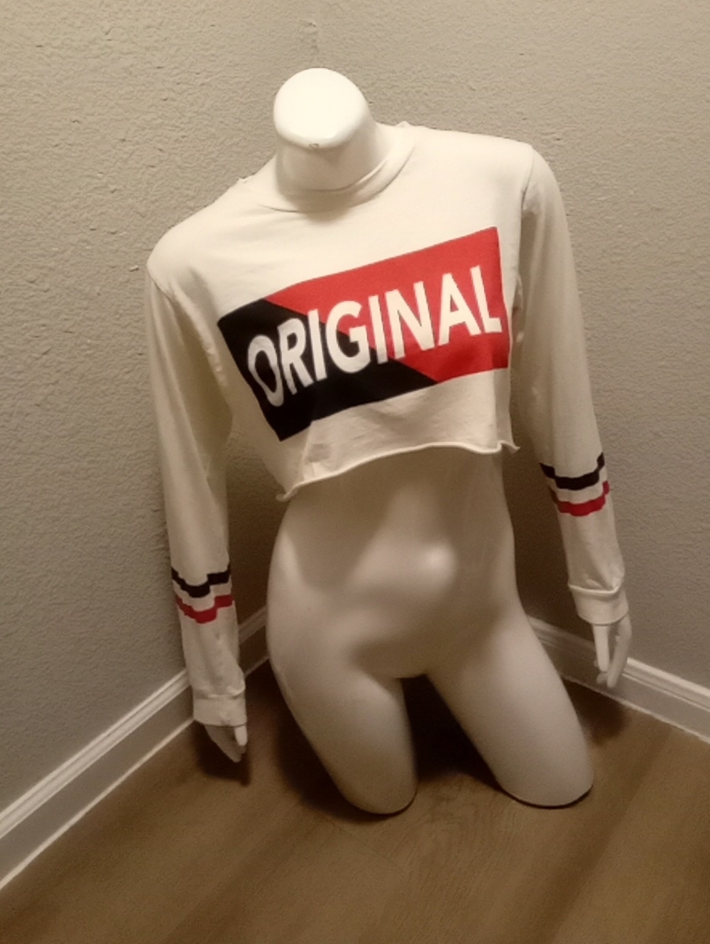 On Fire White Cropped Long-Sleeve Top with Red & Black 'ORIGINAL' Graphic